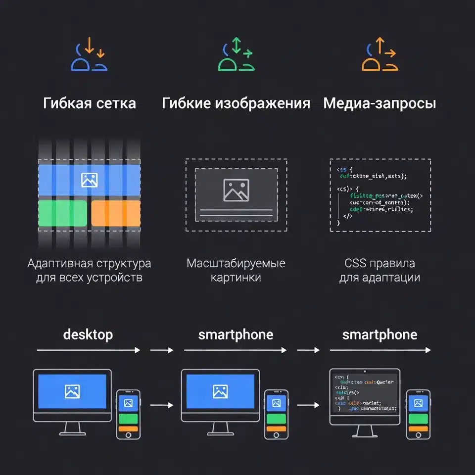 Инфографика, демонстрирующая три компонента адаптивного дизайна_заказать сайт в Марселе