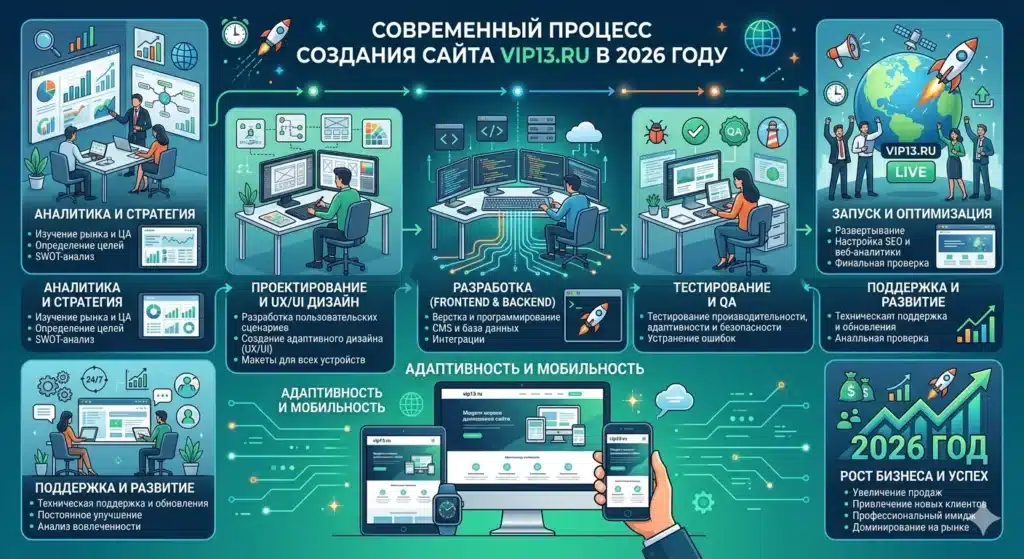 Бизнесмен изучает этапы создания безупречного сайта на планшете и смартфоне в 2026 году.
