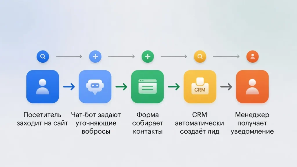 Схема работы автоворонки продаж в стиле инфографики с иконками и стрелками. Посетитель заходит на сайт → чат-бот задаёт уточняющие вопросы → форма собирает контакты → CRM автоматически создаёт лид → менеджер получает уведомление. Чёткая последовательная блок-схема с цветными иконками, стрелками и текстом на русском языке.